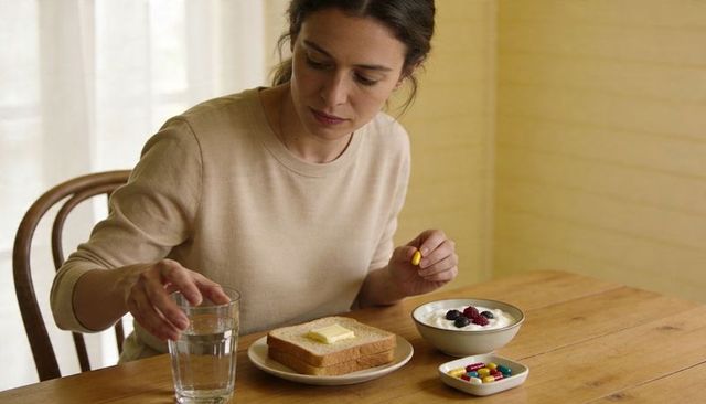 Woman taking vitamin capsule during breakfast with toast, yogurt, berries and water