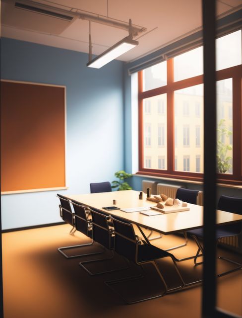 Modern conference room featuring a long table and chairs, bathed in sunlight from large windows. Ideal for business meetings, brainstorming sessions, and professional gatherings. The clean and organized space represents a productive and inviting workplace.