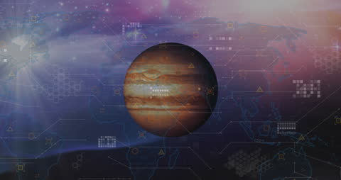 Jupiter Over Digital World Map and Data Technology