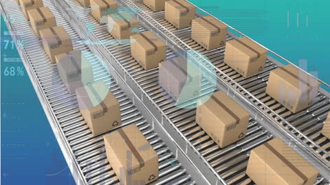 Automated Packaging Line with Data Overlay in Blue Background