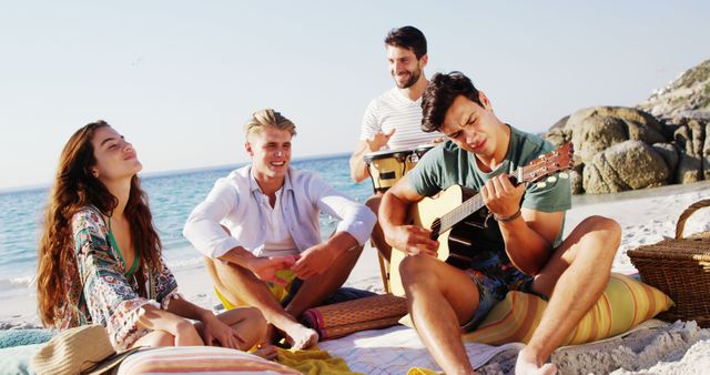 Friends Enjoying Beach Time with Music and Sunshine - Download Free Stock Images Pikwizard.com