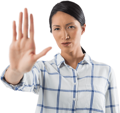 transparent soft focus woman displaying stop gesture in plaid shirt - Download Free Stock Videos Pikwizard.com
