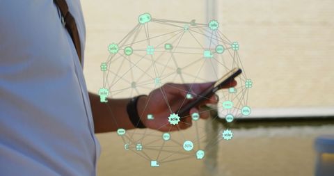 Digital Network Interface With Man Using Smartphone Outdoors