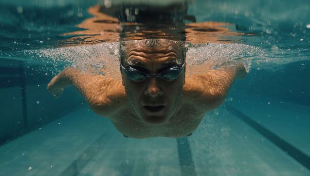 Male swimmer performing butterfly stroke underwater with goggles