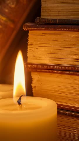 Vertical video flickering candlelight illuminating vintage book stack creating warm cozy ambiance