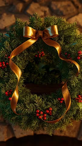 Revealing Christmas wreath with gilded bow on stone fireplace vertical video
