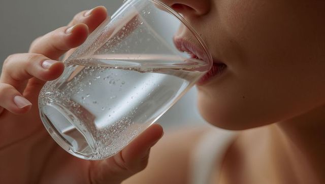 Woman sipping sparkling water from glass closeup, effervescent bubbles on lips and hand