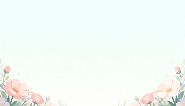 Pastel floral border curving along bottom of card with pink clusters and green leaves