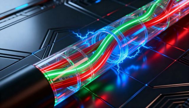 Neon data conduit with glowing red and green fibers and blue electric arcs