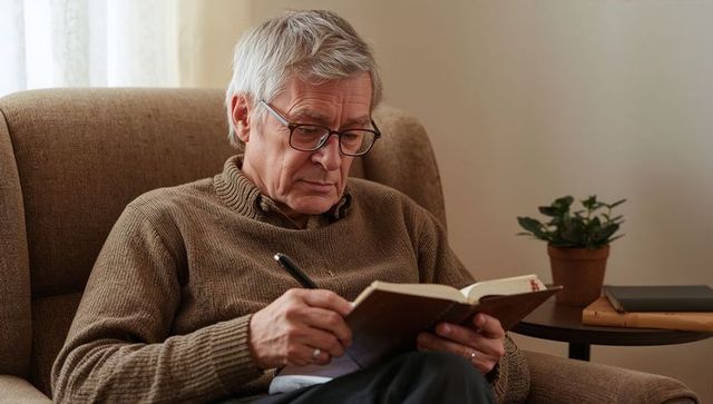Senior man writing journal in cozy living room, reflective aging and mindful journaling