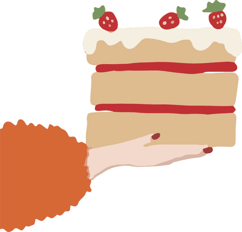 Transparent cake slice leaned in foreground balancing effortlessly