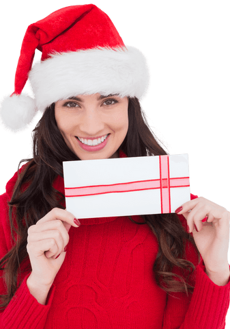Smiling Brunette in Santa Hat Holding Transparent Gift Envelope