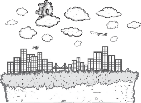 Digital Cog and Clouds Over Cityscape on Transparent Background