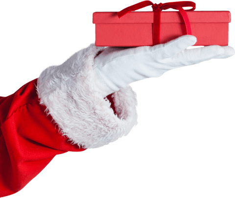 Santa Hand Holding Red Gift Box with Transparent Background