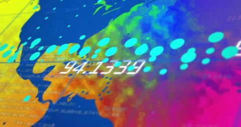 Displaying abstract digital map visualization with neon dots and colorful data overlay