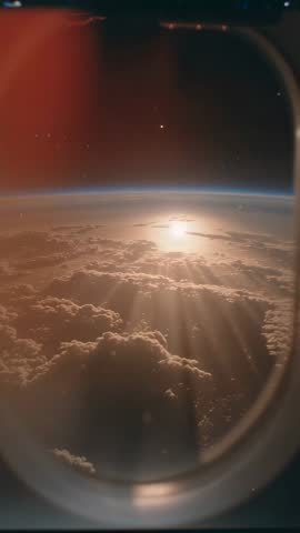 Vertical aerial window view capturing sunrise beams over cloudscape through plane porthole