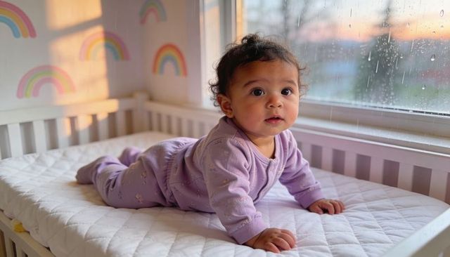 Baby practicing tummy time in lavender pajamas on crib mattress by rain-speckled window