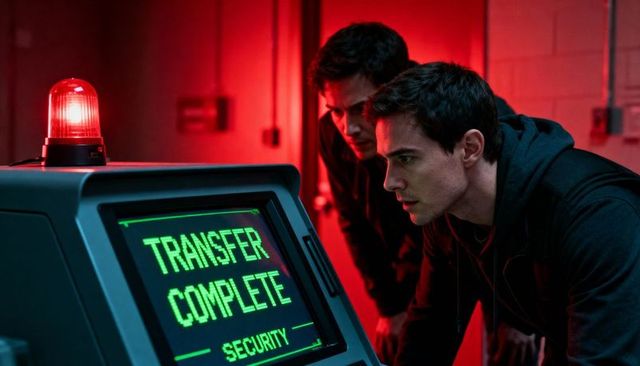 Technician leaning over crt monitor checking transfer complete alert under red beacon