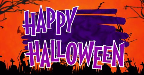 Spooky Happy Halloween Text on Cemetery Background