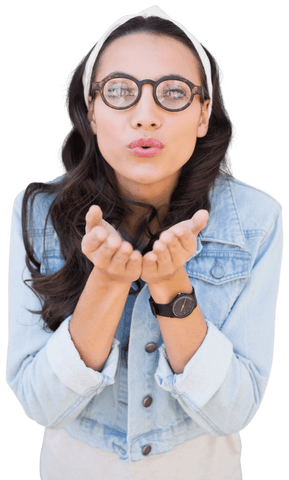 Biracial Woman Blowing Kiss in Denim Jacket Transparent Background