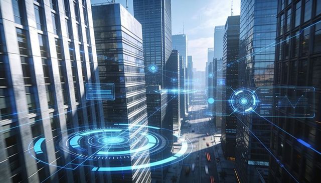 Futuristic city network projecting holographic hud and data streams over glass towers