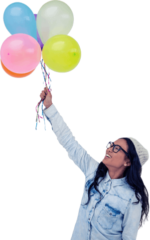 Asian Woman Holding Colorful Balloons Smiling on Transparent Background