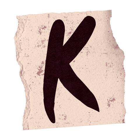 Stylized letter k on torn textured beige paper with transparent background