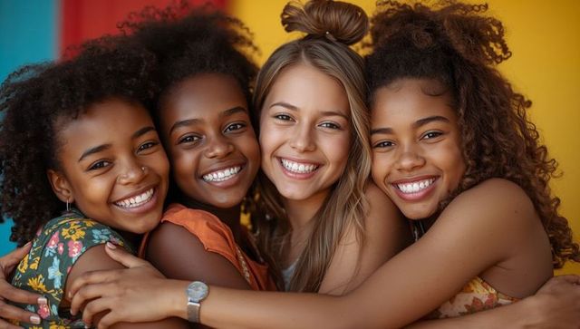 Cheerful friends bonding against vibrant background
