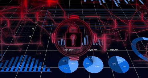 Red holographic padlock securing analytics hud with neon rings and spinning charts