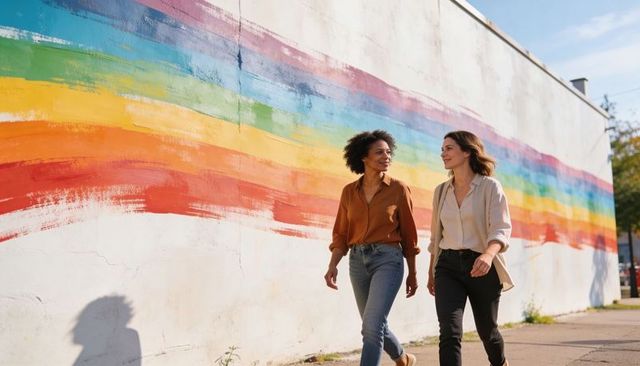Two women walking, chatting past vibrant rainbow mural on urban sidewalk, casual lifestyle