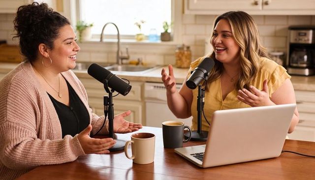 Women podcast cohosts recording in cozy kitchen home studio with laptop and microphones