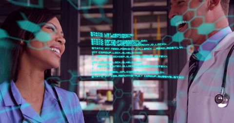 Medical Professionals Laughing Amidst Digital Data Overlay