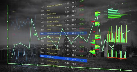 Financial Data Charts Overlaying Urban Cityscape