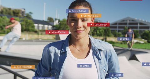 Smiling Woman in Skate Park with Digital Social Media Icons Overlay