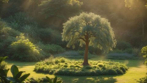 Solitary tree in sunlit park with lush shrub bed, garden of eden concept