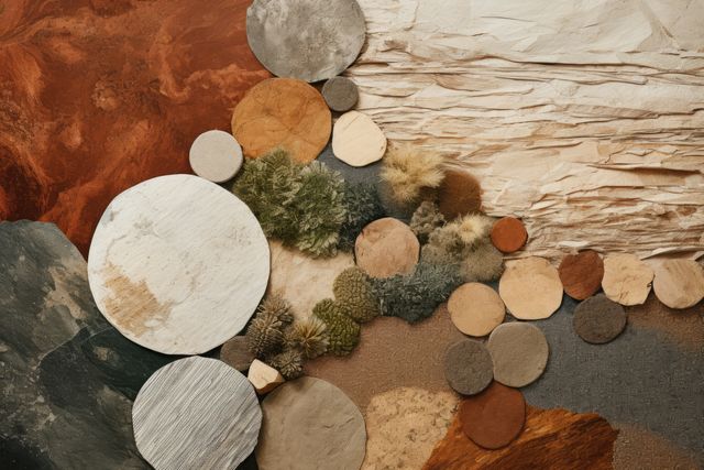 This artistic composition of various textures and shapes in neutral, earthy tones can be used for background designs, art projects, or digital collages. The abstract arrangement offers a natural and organic feel, making it useful for eco-friendly branding, web design, or as a background for presentations and social media posts.