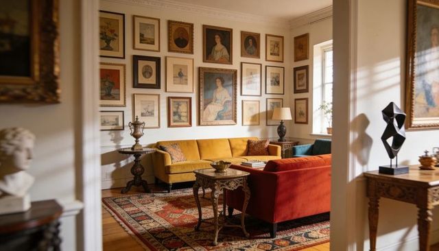 Eclectic traditional living room with mustard velvet sofa and rust red couch, gallery wall