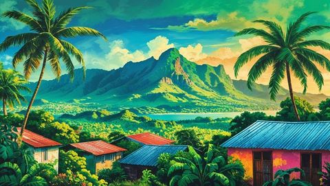 Lush tropical haiti landscape with mountains and palm trees at sunset