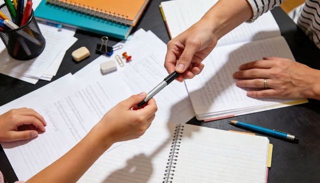 Adult hand passing pen to child during homework help on dark desk with notebooks and pens