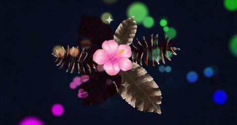 Glowing Pink Hibiscus with Tropical Foliage and Neon Bokeh Lights on Stylized Dark Background