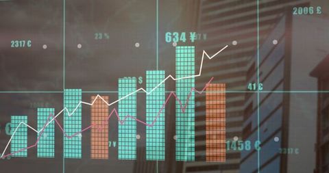 Currency Chart Overlays Office Skyscraper for Data Visualization