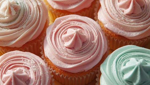 Pastel frosted cupcakes with intricate buttercream and sugar crystals