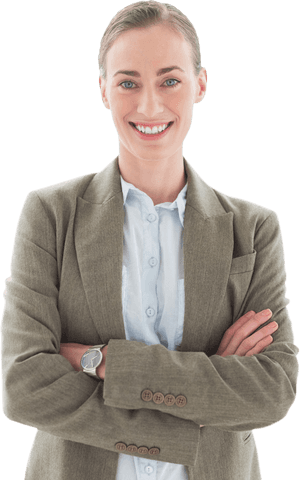 Transparent background smiling woman in business suit crossing arms