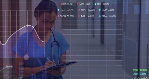 Nurse Analyzing Digital Charts in Hospital Corridor with Graphics