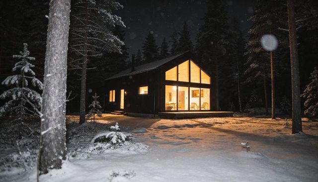 Glowing modern wooden cabin in snowy pine forest at night with warm interior light