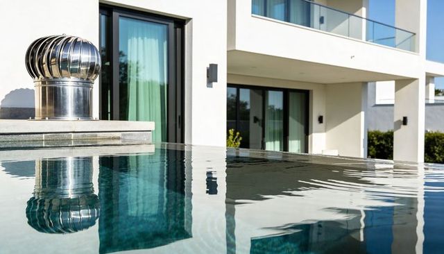 Infinity-edge pool reflecting modern white villa facade with stainless steel turbine vent