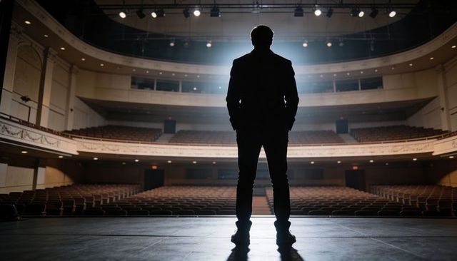 Backlit solo stage silhouette with empty auditorium and balcony tiers, dramatic rehearsal spotlight