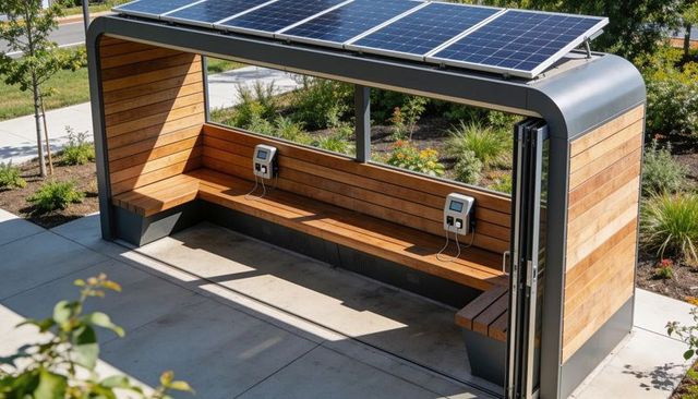 Solar-powered park shelter with timber bench and integrated charging stations for devices