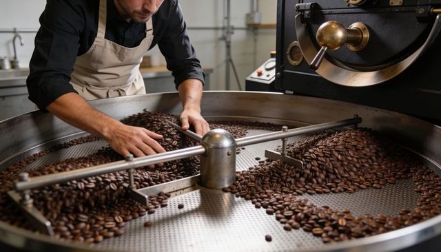 Artisan roaster stirring freshly roasted coffee beans in industrial cooling drum