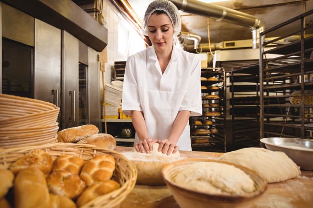 Female baker kneading dough in a bakery shop, surrounded by fresh bread and baking equipment. Ideal for use in articles about baking, professional bakers, small businesses, and culinary arts. Suitable for websites, blogs, and promotional materials related to the baking industry.